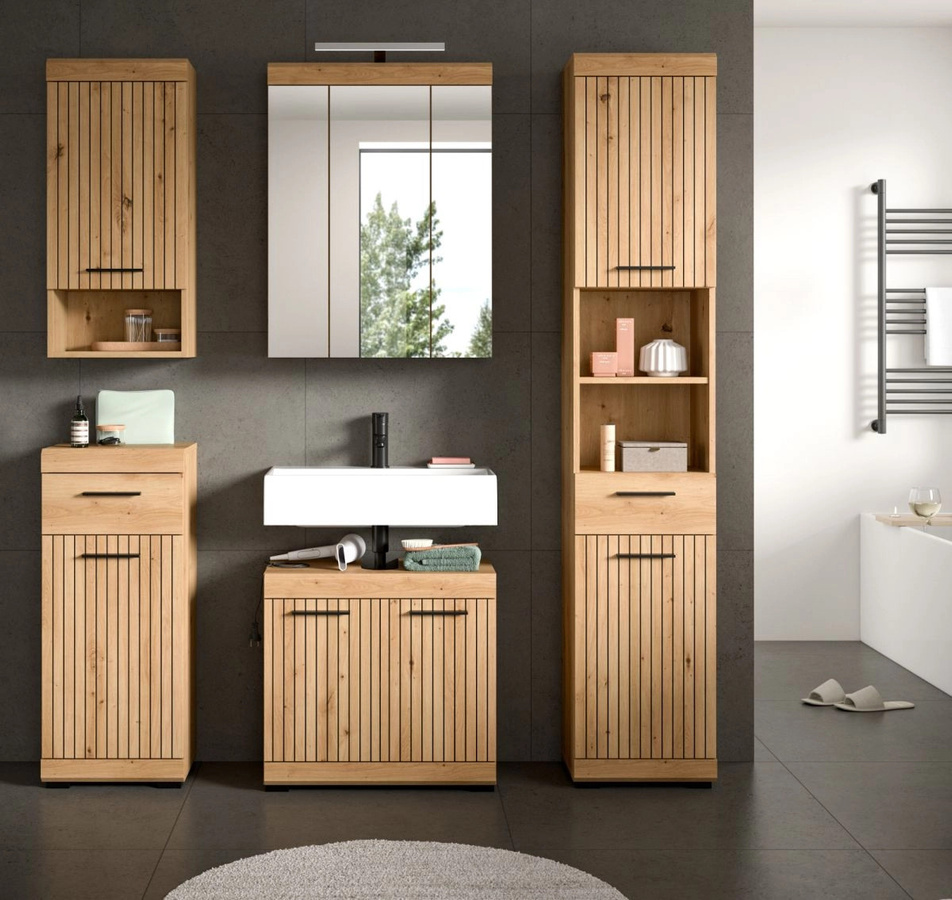Badezimmer Hochschrank Shawn in Eiche, modern, Braun, B: 37 cm, H: 191 cm - Bild 5