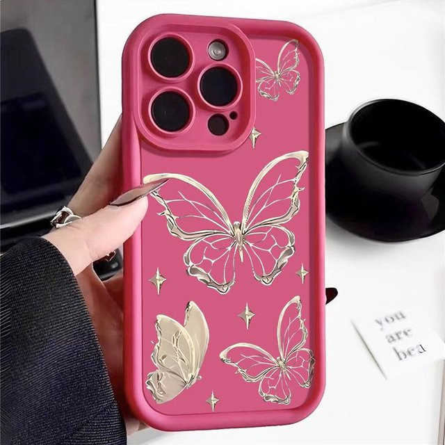 Stoßfeste TPU Handyhülle von Yiran Bag mit goldenem Schmetterlingsmuster für iPhone 16 15 14 13 12 11 Pro Max Plus XR in Pink und Gold - Bild 1