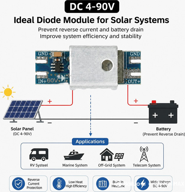 Gaqqee Hochstrom Idealdiodenmodul DC 4-90V/60V Anti-Reverse Flow für Solarlade- und Batteriesicherungssysteme - Bild 1