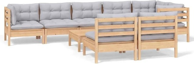 vidaXL 9-teiliges Garten-Lounge-Set aus massivem Kiefernholz in Braun-Grau mit grauen Polstern - Bild 1