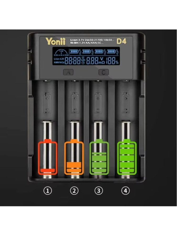 Smart-Akkuladegerät mit 4 Slots für Li-Ion und Ni-MH Akkus wie 18650, 21700, 26650 mit USB-C Anschluss in Schwarz - Bild 1