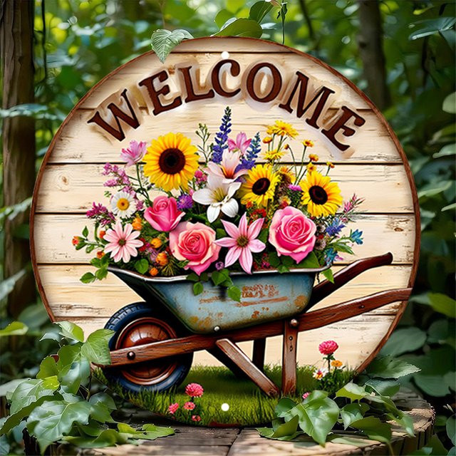 Potdemiel Vintage Willkommensschild aus Metall mit floralem Design und Schubkarre, runde Wanddekoration, Durchmesser: 20 cm - Bild 1