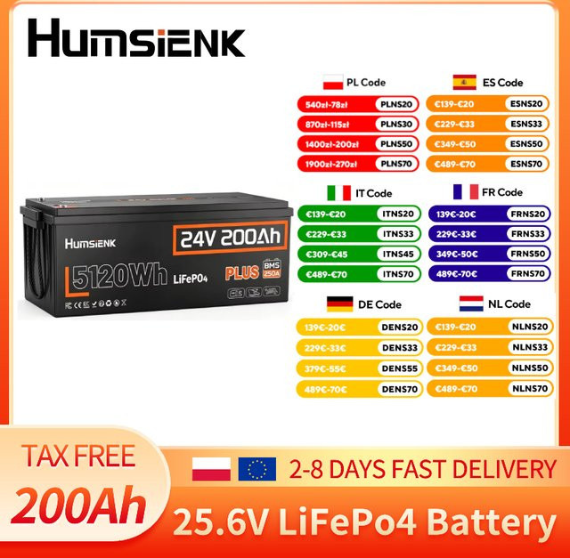Humsienk LiFePO4 Batterie 24V 200Ah mit 250A BMS-System, 5120Wh wiederaufladbare Lithium-Batterie mit Niedertemperaturschutz, Schwarz - Bild 1