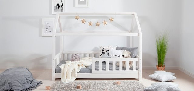 TiCAA Kinderbett Hausbett Kay aus Kiefer in Weiß, B/T/H: 160 x 80 x 134 cm - Bild 1