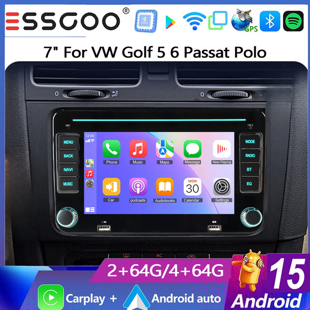 ESSGOO Android 15 Autoradio mit 7 Zoll Display für Seat Skoda VW Golf Passat Polo Touran Tiguan Sharan Caddy EOS T5, Wireless Carplay, Android Auto, GPS, WiFi und Bluetooth, Schwarz - Bild 1