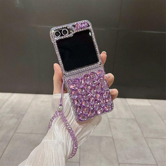 Luxus Handyhülle mit Strass und lila Kristallen für Samsung Galaxy Z Flip 6, 5, 4 in Transparent mit Wassertropfen-Diamant-Design - Bild 1