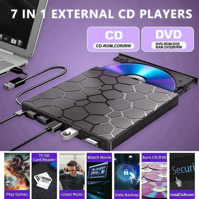GGBEE Externes 7-in-1 DVD-Laufwerk mit USB 3.0 und USB-C, Tragbarer CD/DVD-Brenner für Mac, Windows und Linux, Schwarz - Bild 1