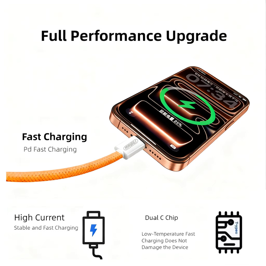 NNBILI USB Typ-C zu Typ-C Schnellladekabel 60W in Orange - Bild 3