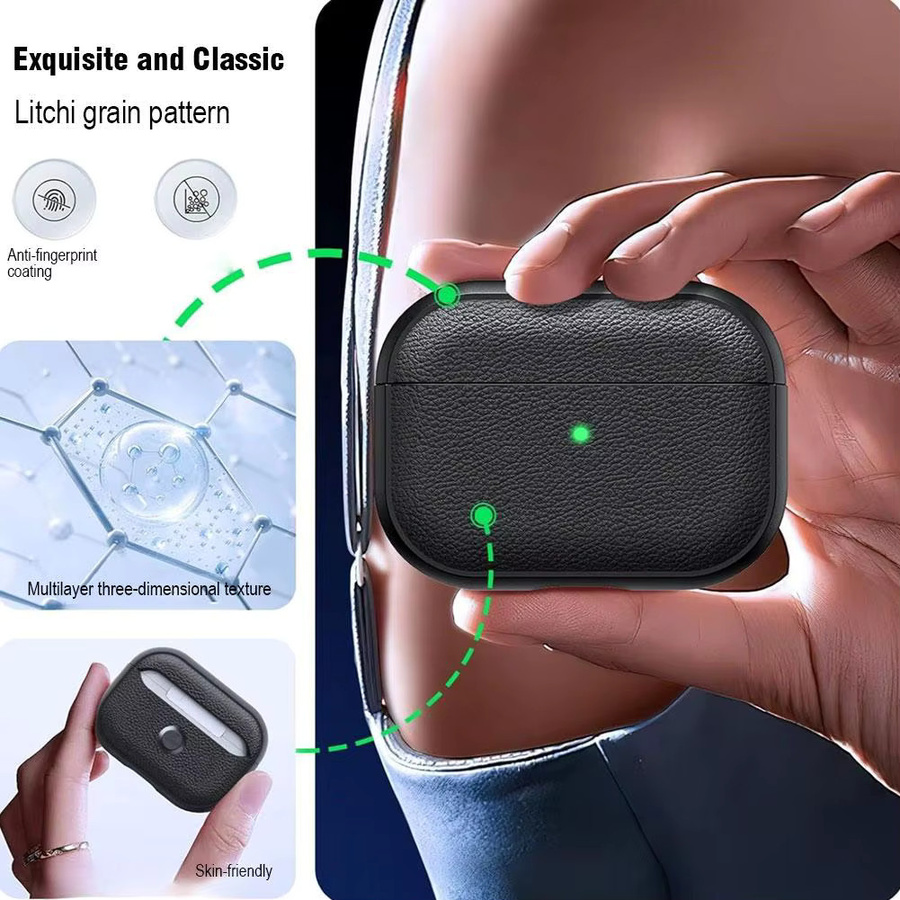 Apple AirPods Pro 3 Schutzhülle aus weichem TPU-Litschi-Leder in Weiß mit Trageband - Bild 2