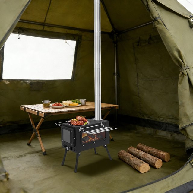 Bymaocar Tragbarer Camping-Zeltofen aus Edelstahl mit Kaminrohren für Outdoor-Heizung und Kochen, Schwarz/Silber, B/T/H: 53,0 x 40,0 x 34,5 cm - Bild 1