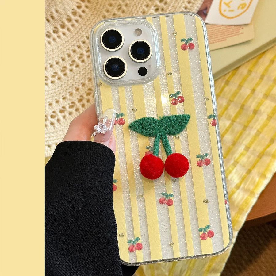 MUQGEW Handyhülle mit Umhängeband für iPhone 16 15 14 13 12 11 Pro Max, Koreanisches Design mit gestreiften Glitzer-3D-Kirschen, stoßfeste Schutzhülle - Bild 5
