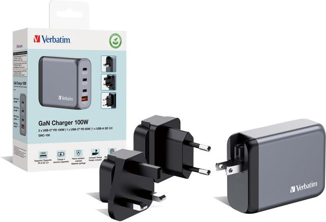 Verbatim GNC-100 Universal GaN-Ladegerät 100W mit 3x USB-C und 1x USB-A in Schwarz/Grau - Bild 2