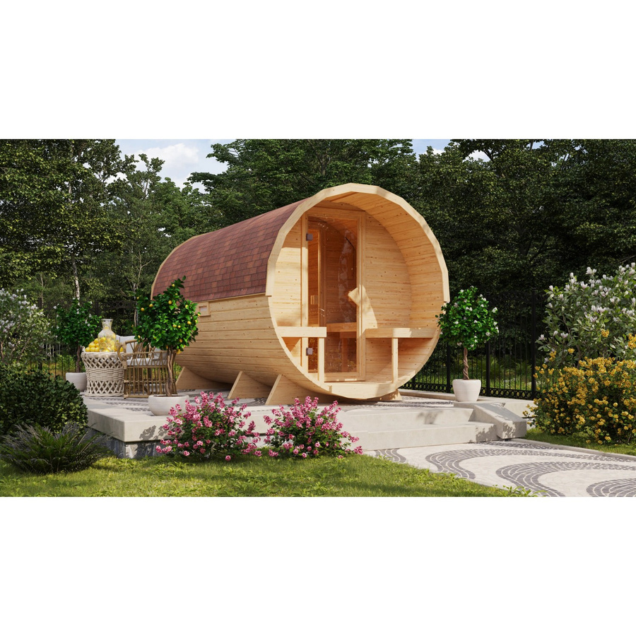 Karibu Fass-Sauna Set in braun mit 9 kW Ofen, externer Steuerung und Ofenschutzgitter, naturbelassen - Bild 2