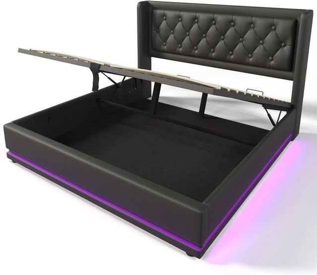 Merax Polsterbett mit LED-Unterbettbeleuchtung und USB-C Ladestation, Schwarz, B/T/H: 140 x 200 x 41,62 cm - Bild 1