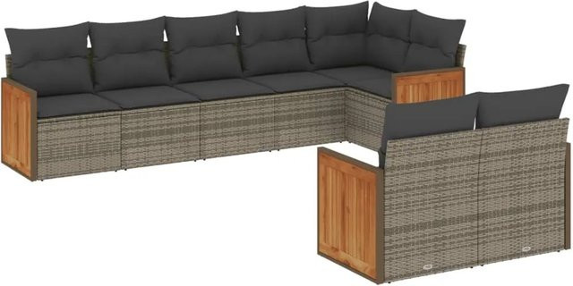 vidaXL 8-tlg Garten-Sofagarnitur in L-Form aus Polyrattan mit Kissen, Grau - Bild 1