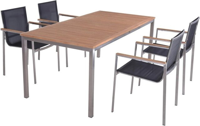 DELUKE Garten-Sitzgruppe PAUL 5-tlg. aus Teakholz und Edelstahl in Dunkelgrau mit Tisch und 4 Hochlehnern - Bild 1