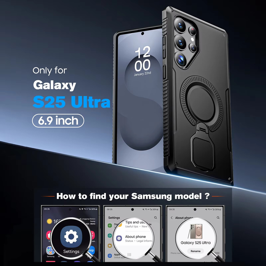 Samsung Galaxy S25 Ultra Schutzhülle mit 360 Grad Spin-Ständer und MagSafe Kompatibilität, stoßfestes Gehäuse in Schwarz - Bild 2