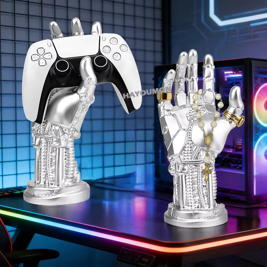 Pogopirate Cyberpunk Roboterarm Controller-Halterung für PS4 PS5 und Xbox in Silber als moderne Desktop-Dekoration - Bild 4