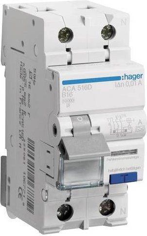 Hager ACA516D RCBO FI-Schutzschalter und Leitungsschutzschalter 2polig 16A 0,01A 240V in Blau und Weiß - Bild 1