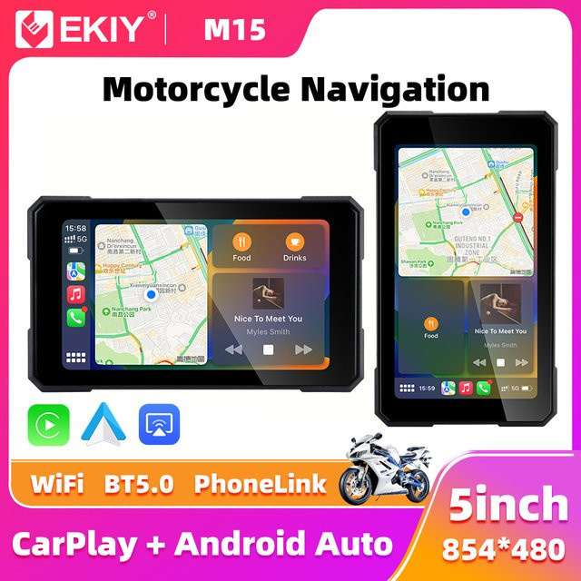EKIY Wireless CarPlay und Android Auto Motorrad Display, 5,0 Zoll tragbare digitale GPS Navigation, Schwarz - Bild 1
