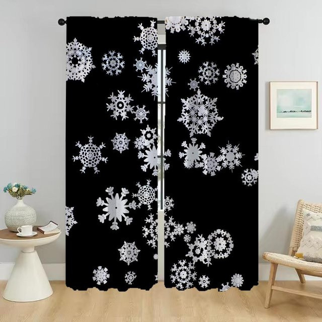 Cartoon Schneeflocken Tüllvorhänge für Kinderzimmer und Wohnzimmer, 2er-Set, Schwarz, B: 50 cm, H: 70 cm - Bild 1
