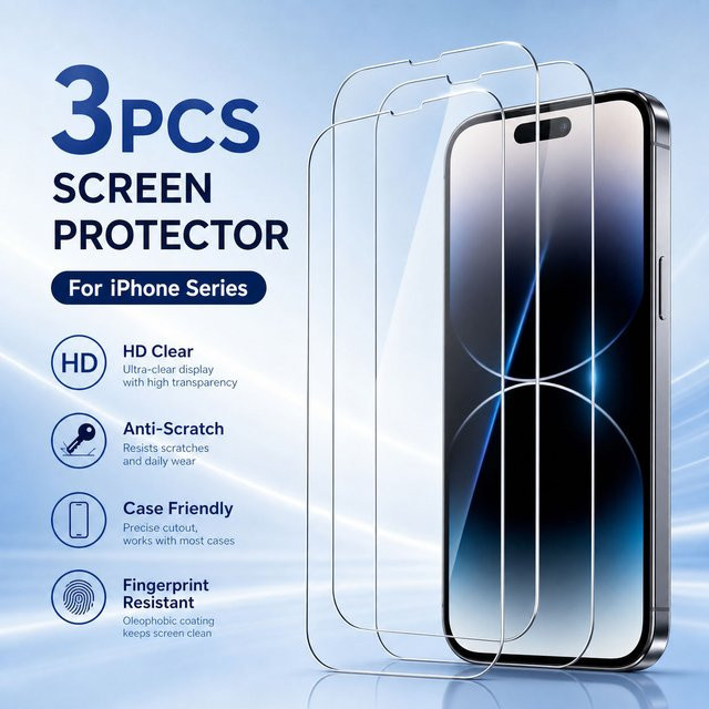 BOLLYMORE 3-teiliges Set Displayschutzfolie aus gehärtetem Glas für iPhone 17/16/15 Pro Max/14/13/12/11 in Transparent - Bild 1