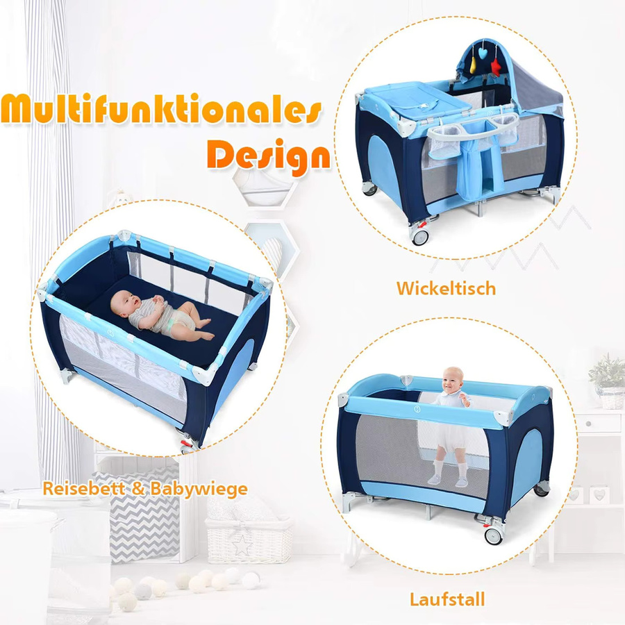 GOFLAME 4-in-1 Reisebett mit Schaukelfunktion, Babywiege, Wickeltisch und Laufstall inklusive Musikbox und Spielbogen in Blau - Bild 2