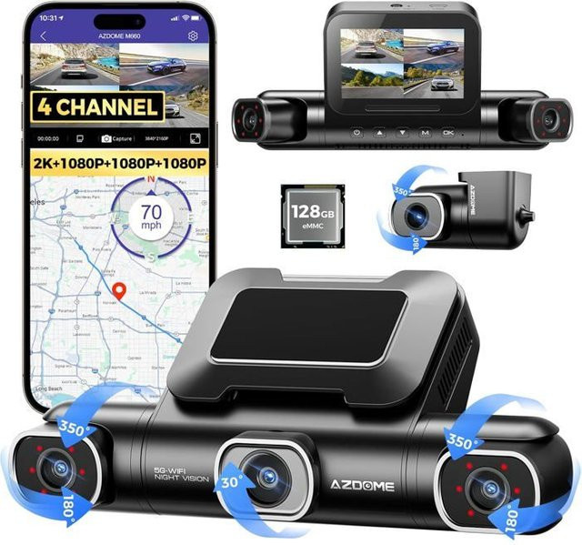 AZDOME M660 Dashcam für dein Auto mit 4-Kanal 360° Aufnahme, 2.5K Auflösung, 128GB eMMC Speicher und 5G WiFi in Schwarz - Bild 1