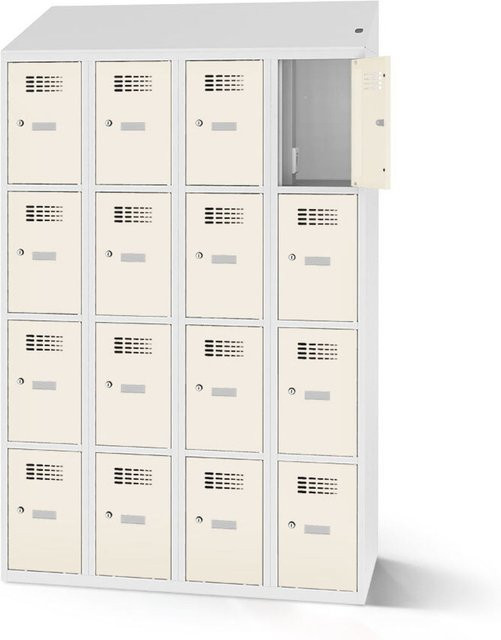 rotstahl Fächerschrank mit Ladefunktion und 16 Fächern in Weiß mit lichtgrauem Korpus, B: 120 cm, H: 200 cm - Bild 1