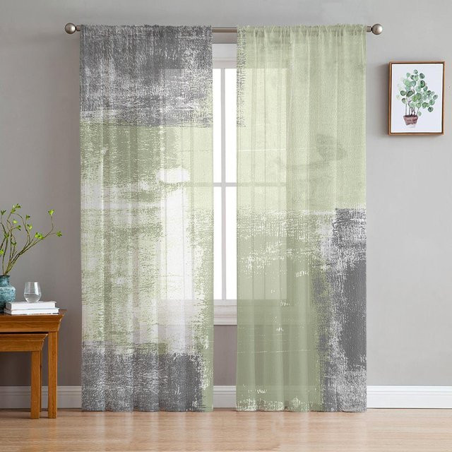 Transparenter Tüll-Vorhang in Salbeigrün mit Grafikdesign für Wohnzimmer und Küche, Breite: 135 cm, Höhe: 160 cm - Bild 1