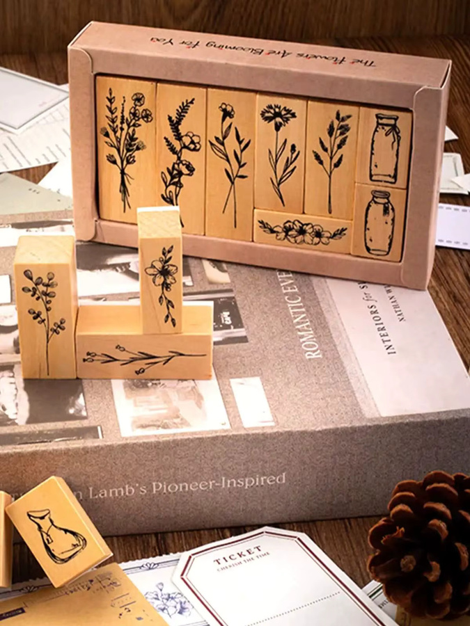 Set aus 8 Holzstempeln mit Retro-Pflanzenvasenmuster in Braun für Scrapbooking und DIY-Dekorationen - Bild 7