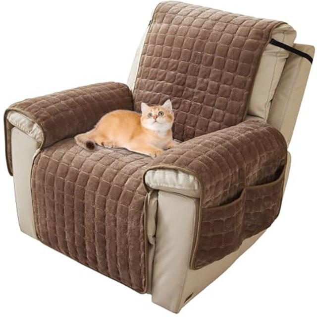DUSTPROOFVEIL Gesteppter Stretch-Relaxsessel-Überzug mit seitlichen Aufbewahrungstaschen, wasserabweisend, Beige oder Braun - Bild 1