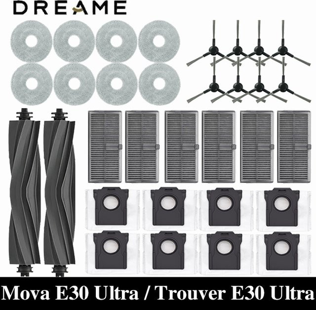 Dreame Mova E30 Ultra und Trouver E30 Ultra Roboterstaubsauger Zubehör Set mit Hauptseitenbürste, Hepa-Filter, Mopptüchern und Staubbeuteln - Bild 1