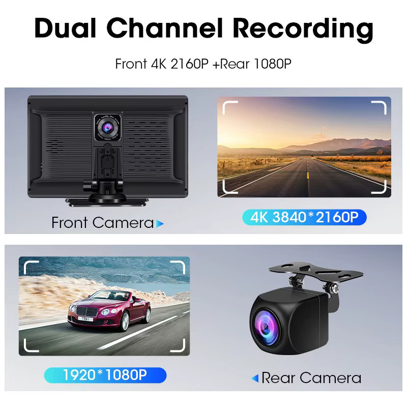 Develuck 10,1 Zoll 4K Dash Cam mit Carplay, Android Auto und GPS Navigation, schwarzer Auto DVR Recorder mit drehbarer Halterung und Backup-Kamera - Bild 5
