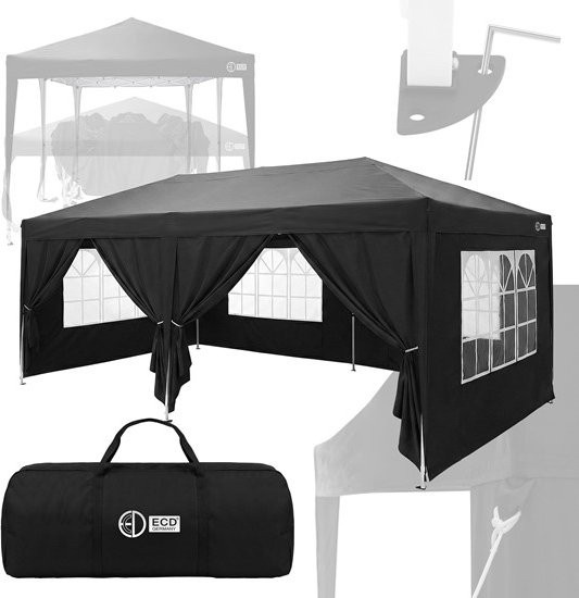 ECD Germany Pop Up Pavillon Wasserdicht mit 6 Seitenwänden und Fenstern aus Polyester und Stahl, Schwarz und Weiß, B/T: 600 x 300 cm, H: 260 cm - Bild 1