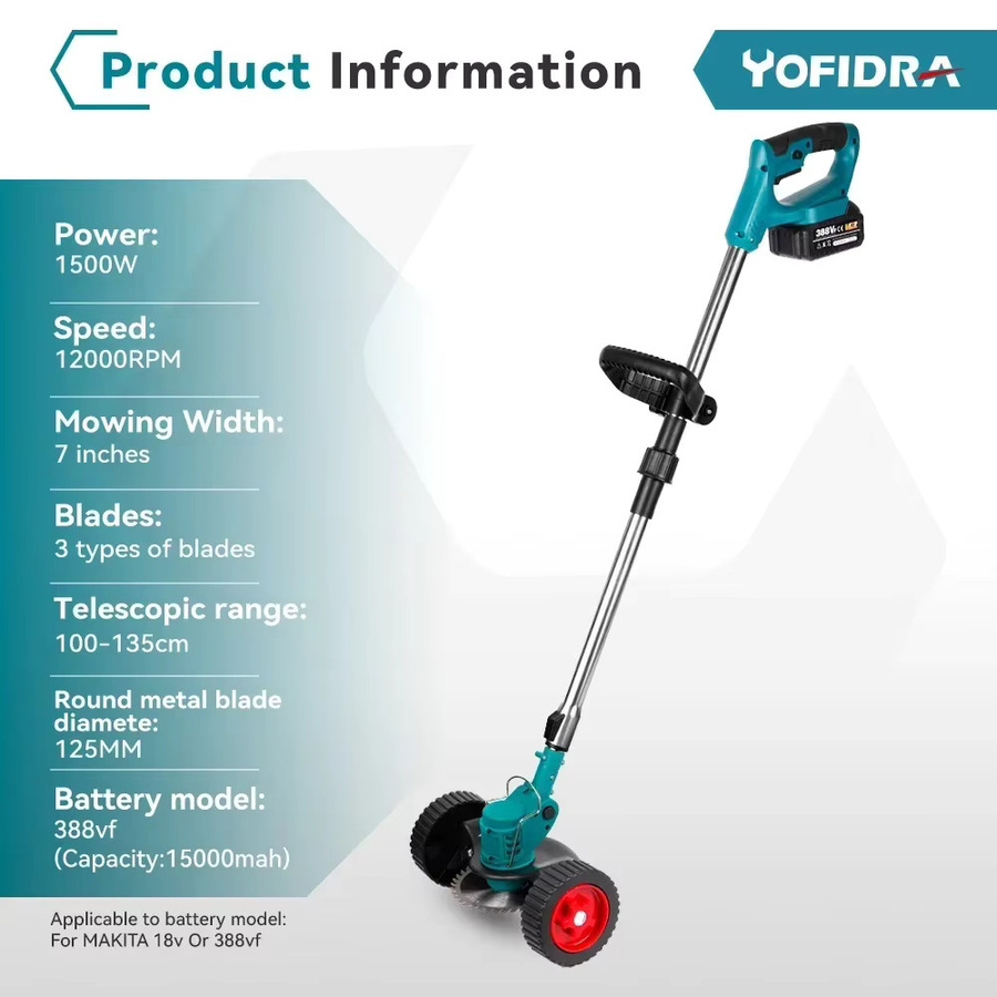 Yofidra Schnurloser elektrischer Rasenmäher und faltbarer Trimmer mit 8 Zubehörteilen, kompatibel mit Makita-Akkus - Bild 2