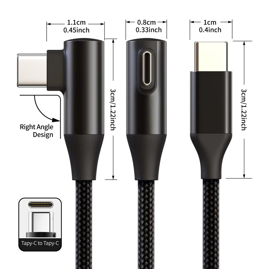USB-C zu Typ-C Schnellladekabel 60W 3A mit 90 Grad angewinkeltem Design aus Nylon geflochten in Schwarz für Smartphones, Tablets und Kopfhörer - Bild 4