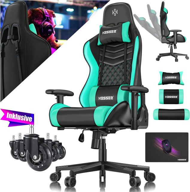 KESSER Gaming Stuhl Ergonomischer Bürostuhl aus Kunstleder mit Kopfstütze und Lendenkissen, Racing Gamer Stuhl mit verstellbaren Armlehnen und Gummirollen, bis 150 kg belastbar - Bild 1