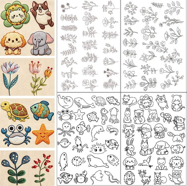 Selbstklebendes Aufkleber-Set mit Tier- und Blumenstickerei aus wasserlöslichem Stoffpapier in Multicolour inklusive 12-Farben-Metallfäden - Bild 1
