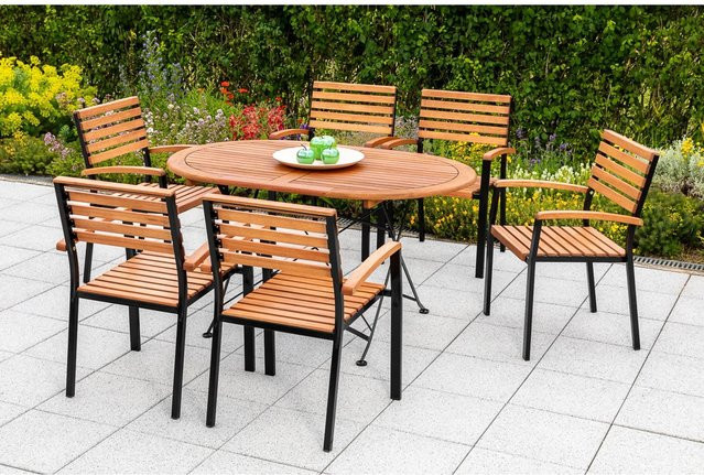 Merxx Gartenmöbel-Set Schlossgarten 7-teilig aus Eukalyptusholz mit ovalem Klapptisch in Anthrazit und Braun, Breite: 140 cm, Tiefe: 90 cm, Höhe: 86,5 cm - Bild 1