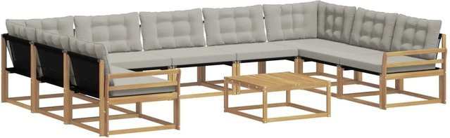 vidaXL Outdoor-Sofagarnitur aus massivem Akazienholz mit Textilene und Kissen, 10-teilig, Weiß-Hellgrau - Bild 1