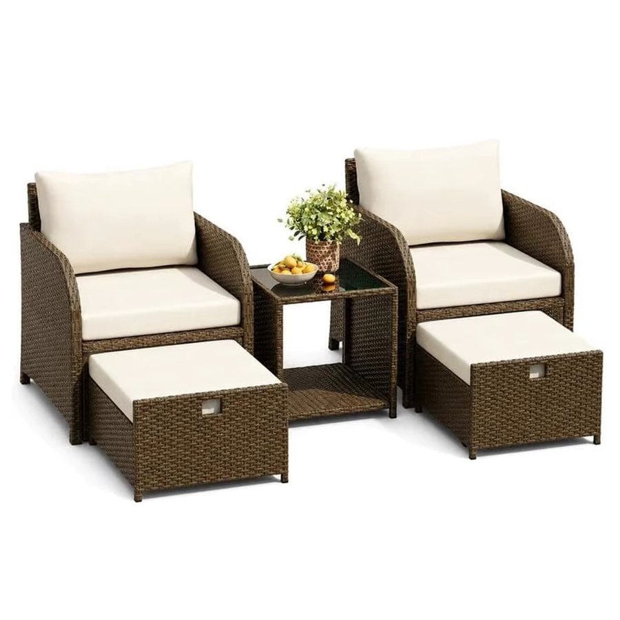 HiMISS 5-teiliges Polyrattan Gartenmöbel-Set in Braun mit 2 Sesseln, 2 Ottomanen und Couchtisch aus Glas, wetterfestes Outdoor-Lounge-Set mit Polsterkissen - Bild 6