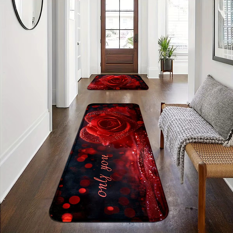 VIKAMA 2-teiliges Teppich-Set mit floralem Rosenmuster in Rot für Wohnzimmer und Schlafzimmer - Bild 3