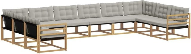 vidaXL Outdoor-Sofagarnitur 10-tlg. in U-Form aus Akazienholz mit Textilene und Kissen, Weiß-Hellgrau - Bild 1