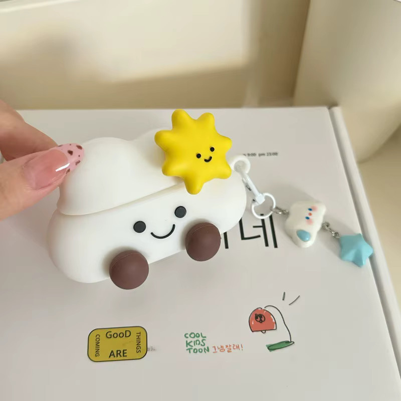 Silikon Kopfhörerhülle mit 3D-Bogen-Wolken-Design für Apple AirPods Pro 2, AirPods 4, 3, 2 in Weiß mit Ring und Stoßschutz - Bild 2