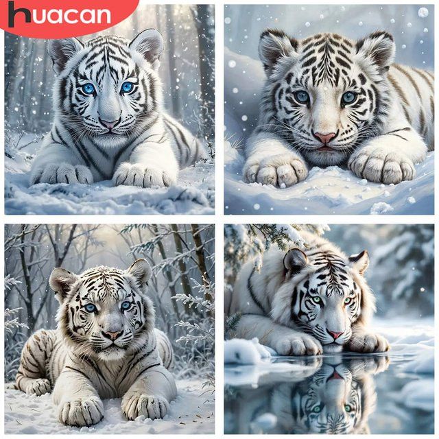 HUACAN 5D Diamant-Malerei Set mit weißem Tiger in Winterszene auf Leinwand, Full Round Strass-Kunst für deine Heimdekoration, Farbe: Weiß - Bild 1
