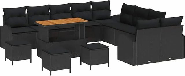 vidaXL Garten-Sofa-Set aus Poly-Rattan und Akazienholz mit Kissen, 14-teilig, Schwarz - Bild 1