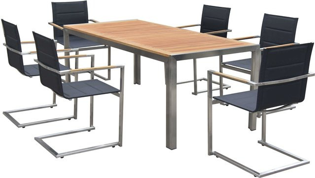 OUTFLEXX Garten-Essgruppe aus Teakholz und Edelstahl in Schwarz mit Tisch und 6 gepolsterten Stapelstühlen - Bild 1