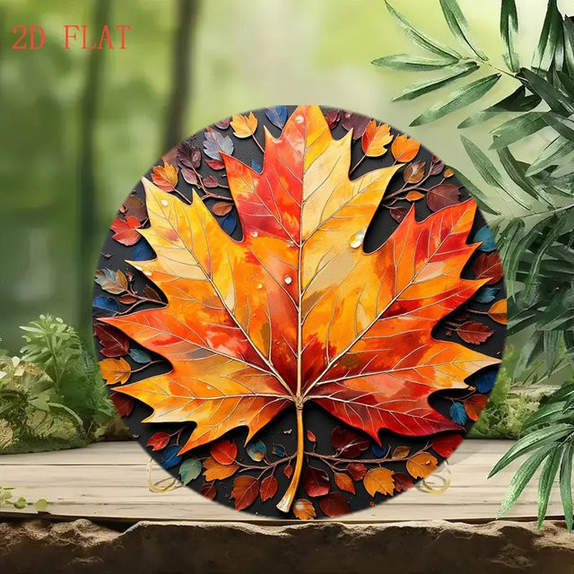 Rundes Aluminium-Wandschild von Potdemiel mit Herbst-Ahornblatt-Motiv in Rot, Orange und Gelb auf schwarzem Hintergrund, Durchmesser: 20,32 cm - Bild 1