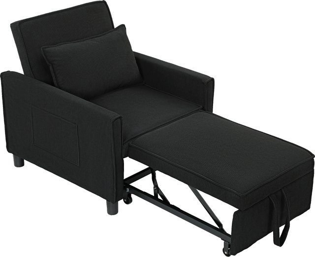 HOMCOM 3-in-1 Schlafsessel in Schwarz mit Cord-Bezug, Klappbett mit verstellbarer Rückenlehne, Lendenkissen und Seitentasche - Bild 1